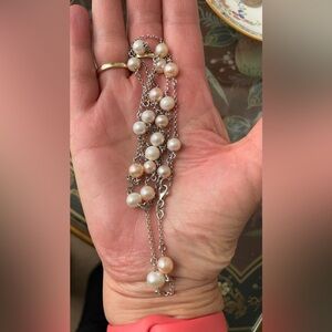 Vintage Elegant 925 Sterling Silver 20 Stationed Freshwater Pearl Chain Necklace